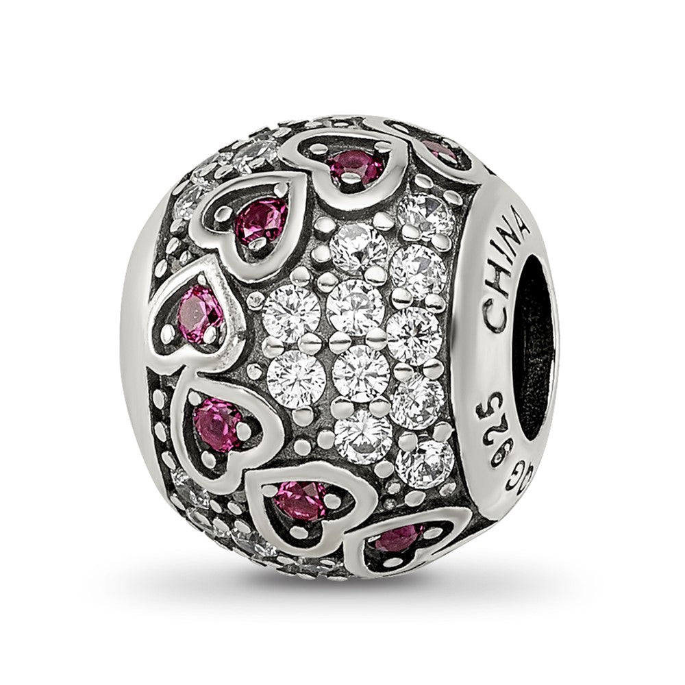 Sterling Silver Reflections Antiqued CZ & Red Corundum Hearts Bead