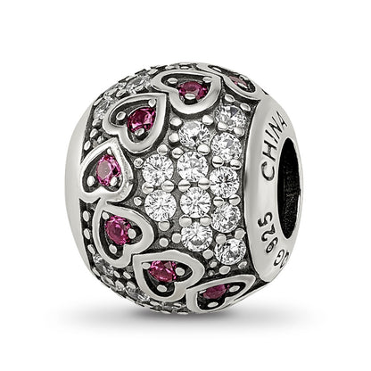 Sterling Silver Reflections Antiqued CZ & Red Corundum Hearts Bead