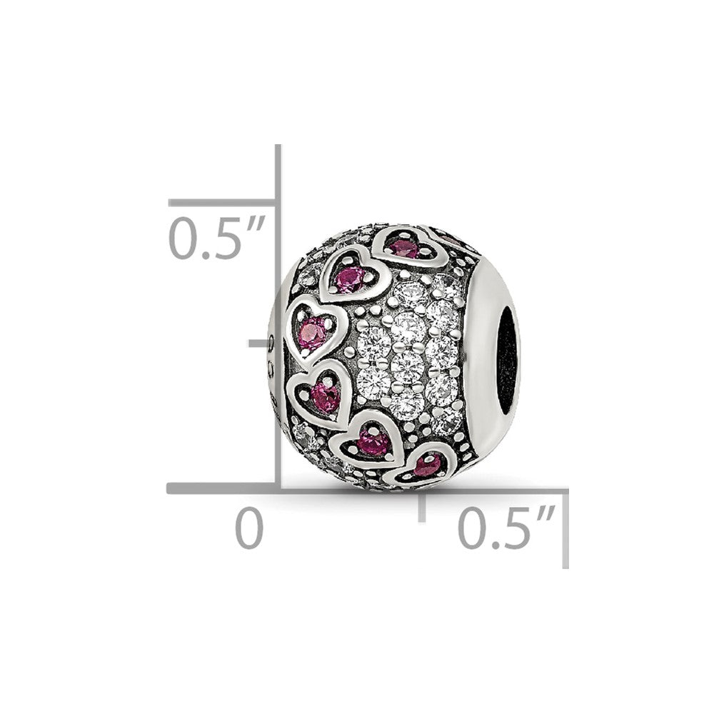 Sterling Silver Reflections Antiqued CZ & Red Corundum Hearts Bead