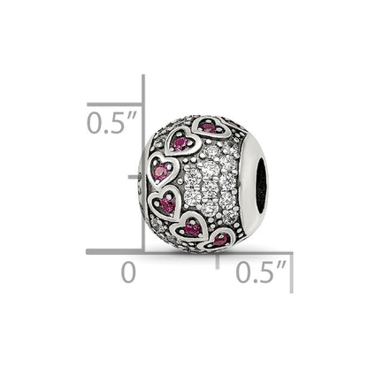 Sterling Silver Reflections Antiqued CZ & Red Corundum Hearts Bead