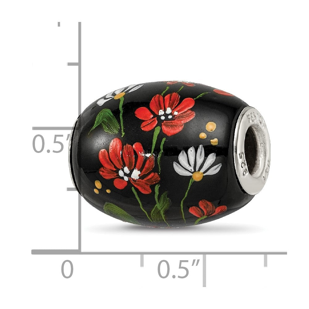 Ster.Silver Reflections Hand Paint Ebony Bouquet Large Fenton Glass Bead