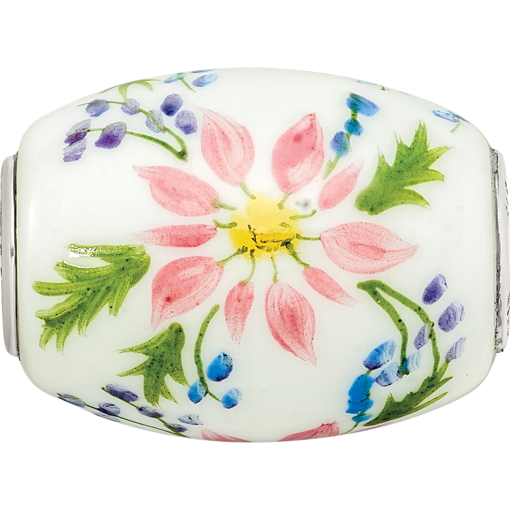 Ster.Silver Reflections Hand Paint Berries & Blossoms Fenton Glass Bead