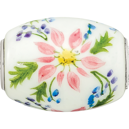 Ster.Silver Reflections Hand Paint Berries & Blossoms Fenton Glass Bead