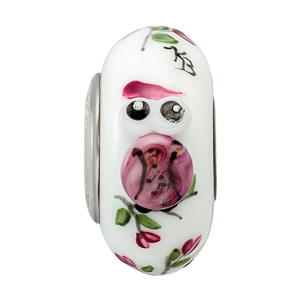 Ster.Silver Reflections Hand Painted Two Hoots For You Fenton Glass Bead