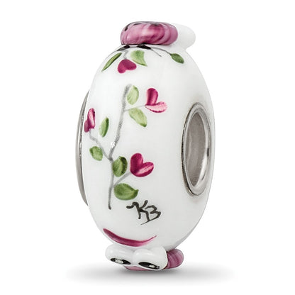 Ster.Silver Reflections Hand Painted Two Hoots For You Fenton Glass Bead
