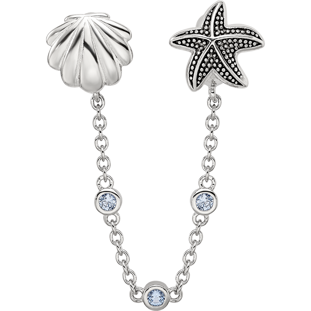 Sterling Silver Reflections Rhodium-plated 3in Security Chain Sea CZ Bead