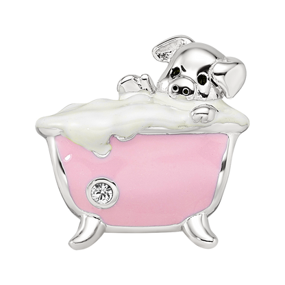 Sterling Silver Reflections Rh-plated Pink Enamel & CZ Pig In Bathtub Bead
