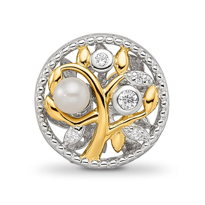 Sterling Silver Reflections Rh-plate Gold-tone FWC Pearl & CZ Tree Bead