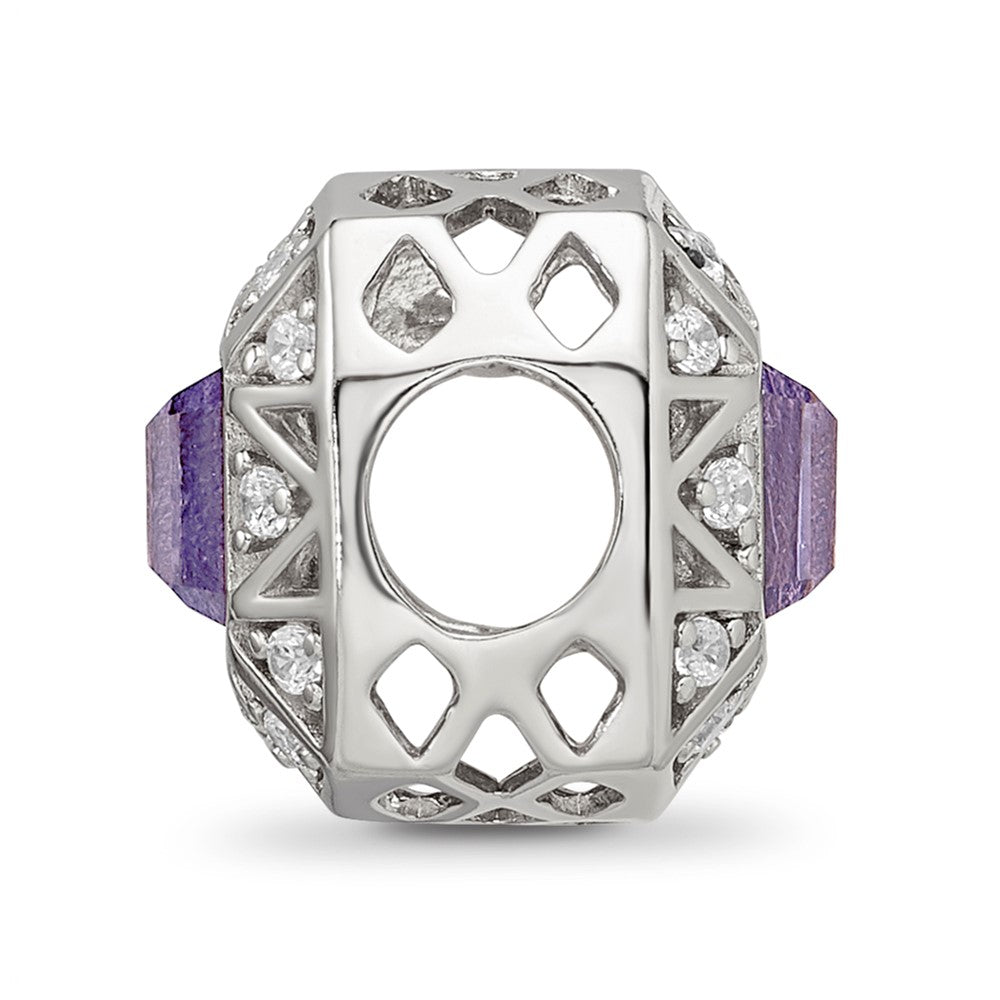 Sterling Silver Reflections Rh-plated Purple & CZs Cut Out Square Bead