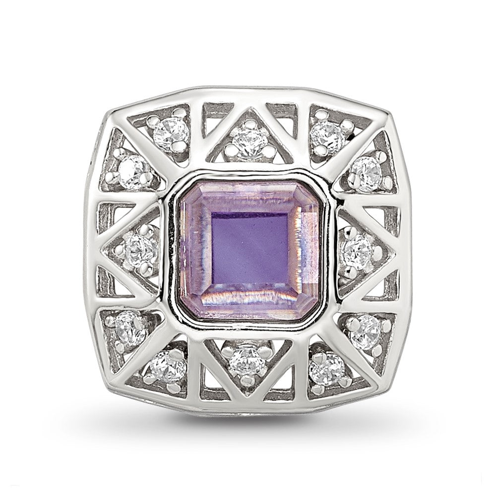 Sterling Silver Reflections Rh-plated Purple & CZs Cut Out Square Bead