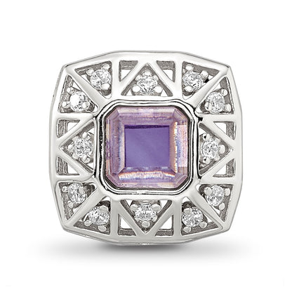 Sterling Silver Reflections Rh-plated Purple & CZs Cut Out Square Bead