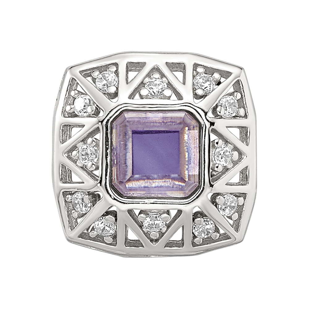Sterling Silver Reflections Rh-plated Purple & CZs Cut Out Square Bead