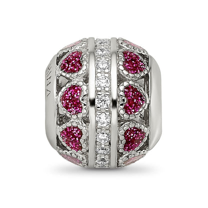 Sterling Silver Reflections Rh-plated Pink Enamel Hearts & CZ Circle Bead