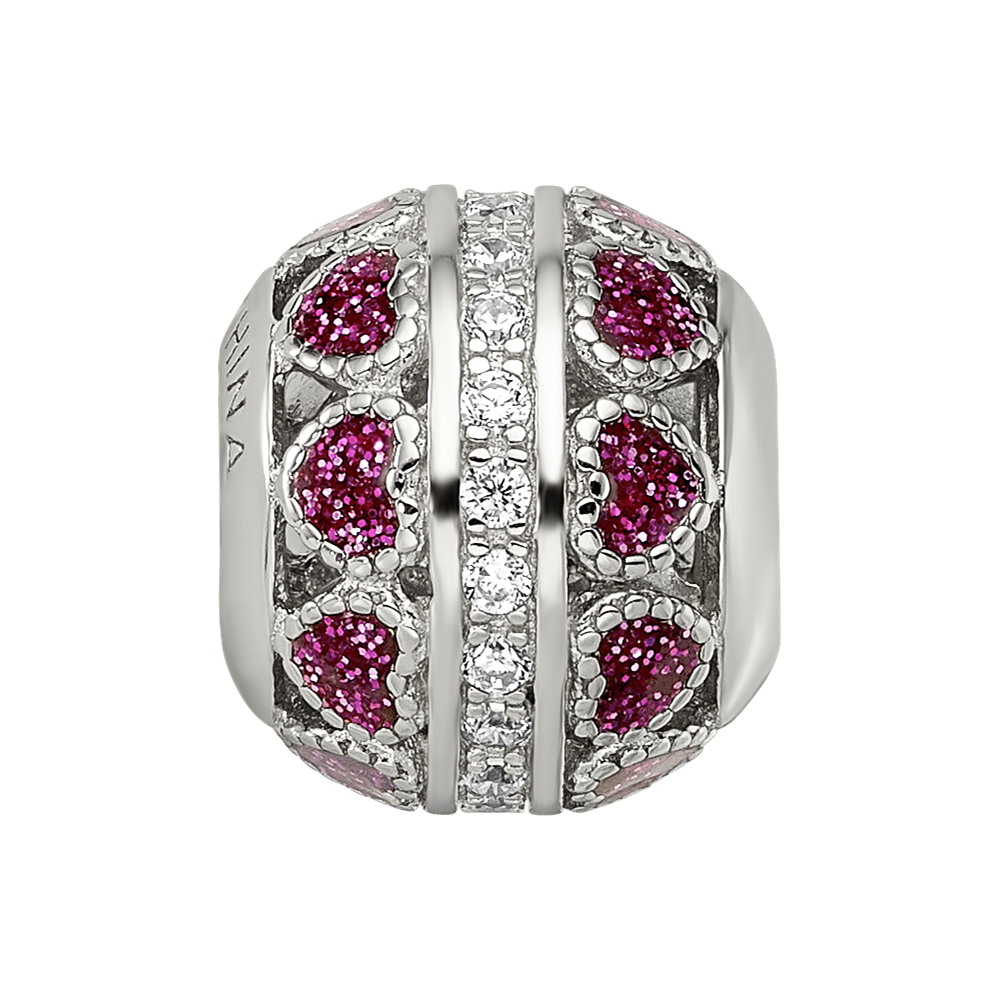 Sterling Silver Reflections Rh-plated Pink Enamel Hearts & CZ Circle Bead