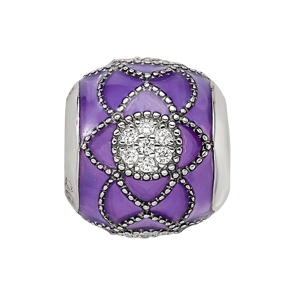 Sterling Silver Reflections Rh-plated CZs Purple Enameled Bead