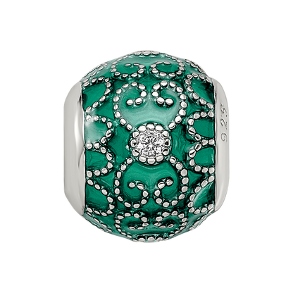 Sterling Silver Reflections Rh-plated CZs Green Enameled Bead
