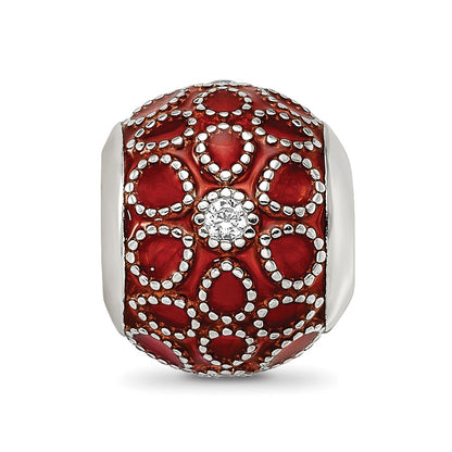 Sterling Silver Reflections Rh-plated CZs Orange Enameled Bead