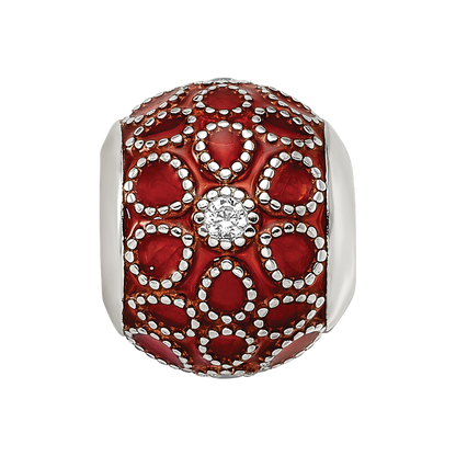 Sterling Silver Reflections Rh-plated CZs Orange Enameled Bead