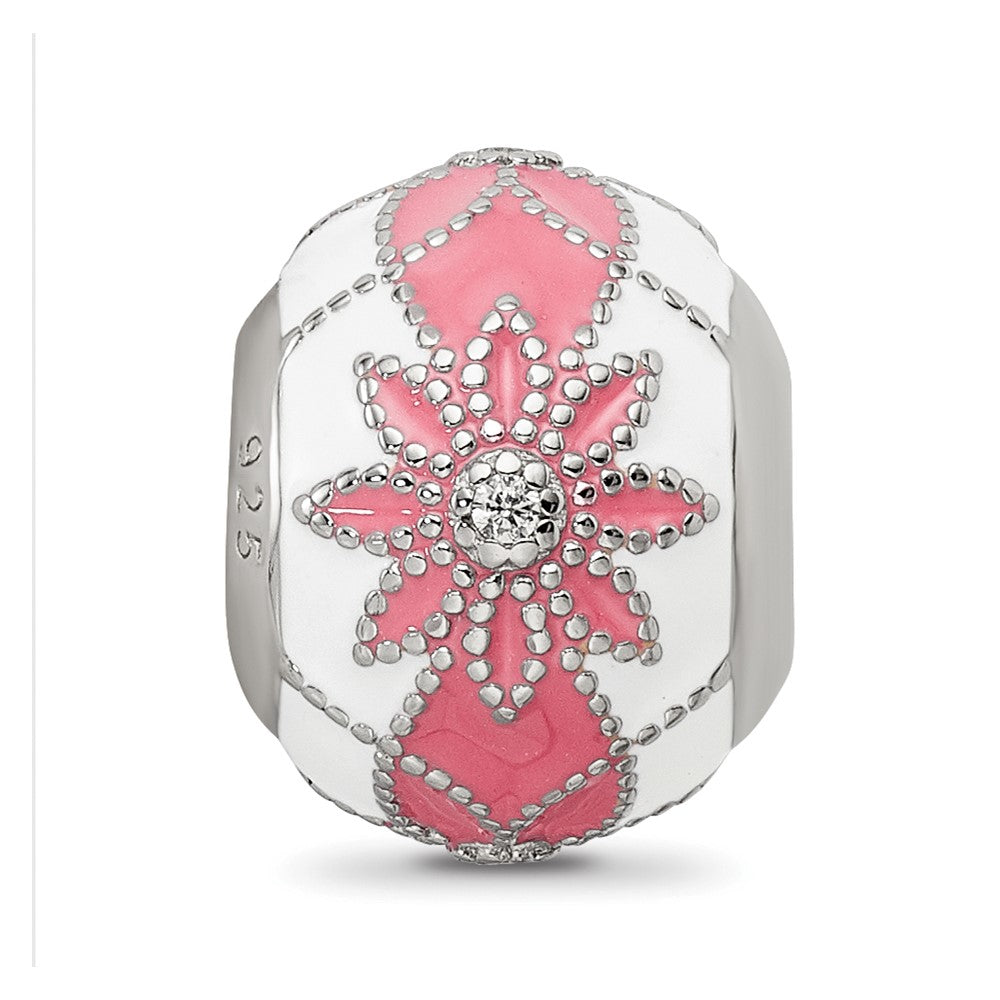 Sterling Silver Reflections Rh-plated CZ White & Pink Enamel Flowers Bead