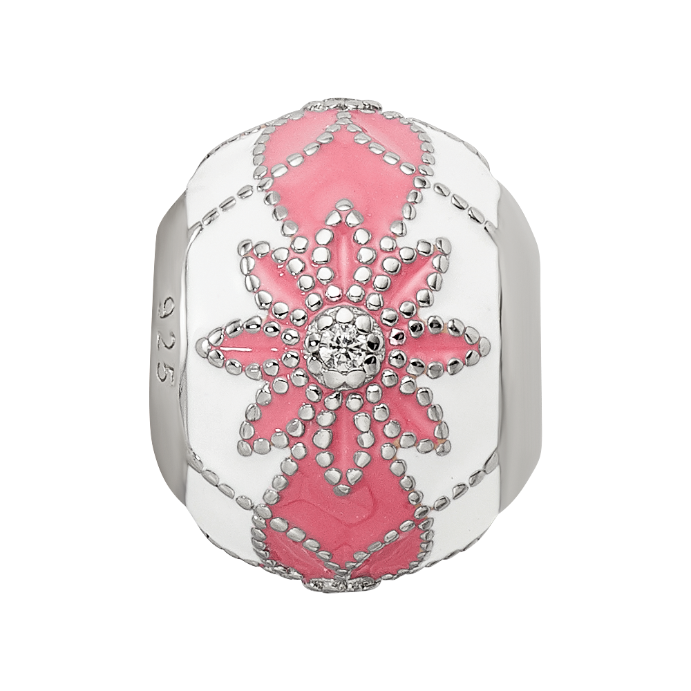 Sterling Silver Reflections Rh-plated CZ White & Pink Enamel Flowers Bead