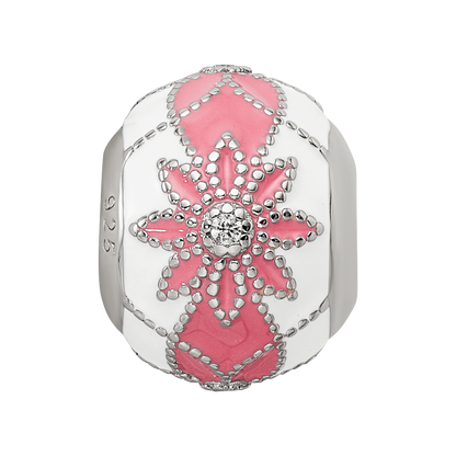 Sterling Silver Reflections Rh-plated CZ White & Pink Enamel Flowers Bead