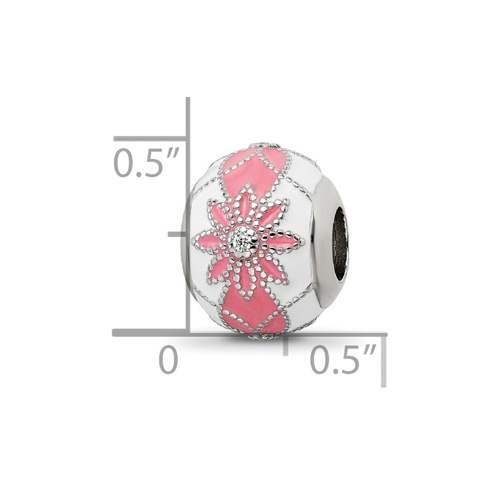 Sterling Silver Reflections Rh-plated CZ White & Pink Enamel Flowers Bead