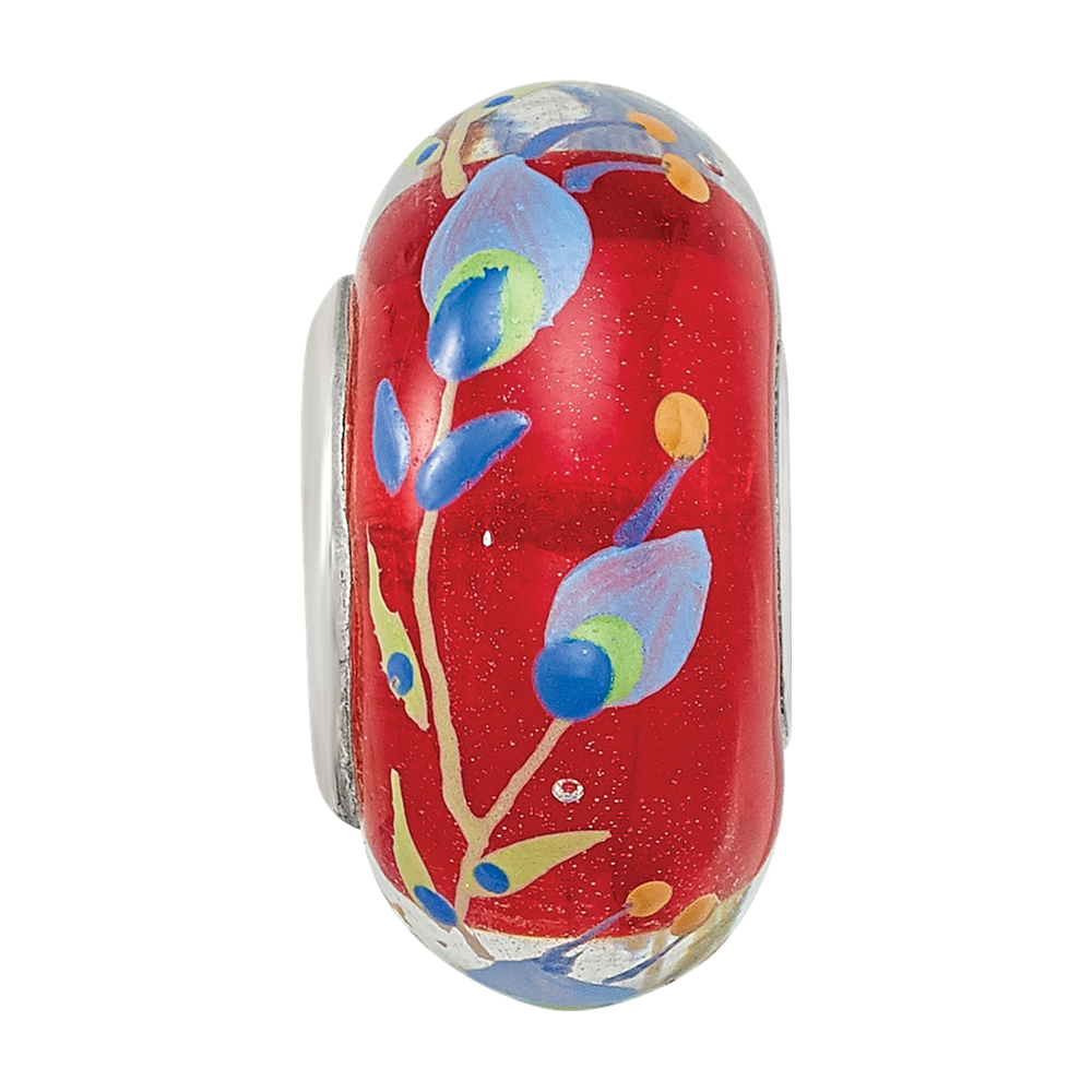 Sterling Silver Reflections Hand Painted Feathers, Clear & Red Glass Bead