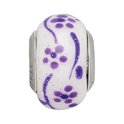 Sterling Silver Reflections Purple Glitter Flower Italian Glass Bead