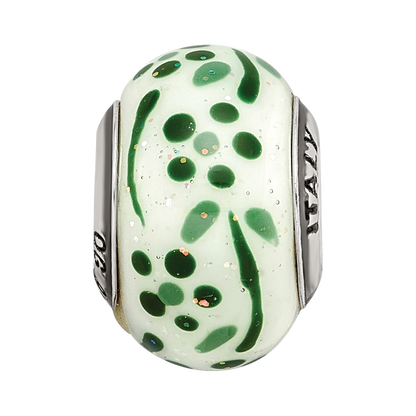 Sterling Silver Reflections Green Glitter Flower Italian Glass Bead