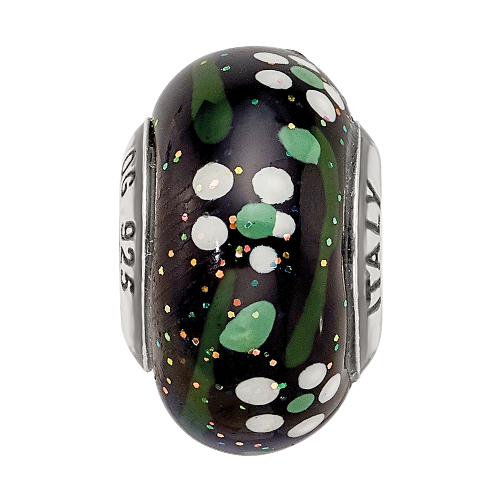Sterling Silver Reflections White Flower Glitter Black Italian Glass Bead
