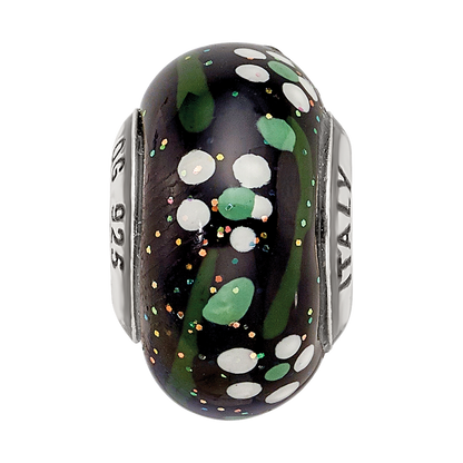 Sterling Silver Reflections White Flower Glitter Black Italian Glass Bead