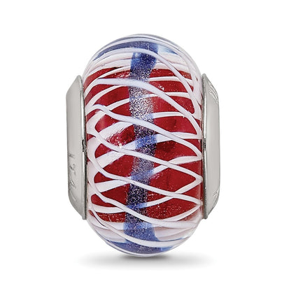 Sterling Silver Reflections Pink and White Weaved Glass w/Blue Stripe Bead