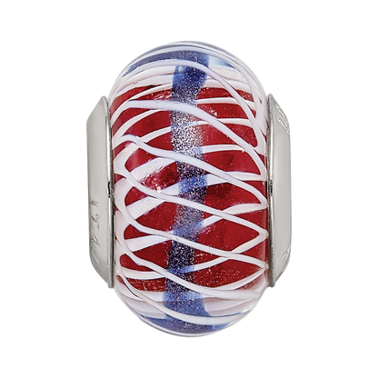 Sterling Silver Reflections Pink and White Weaved Glass w/Blue Stripe Bead
