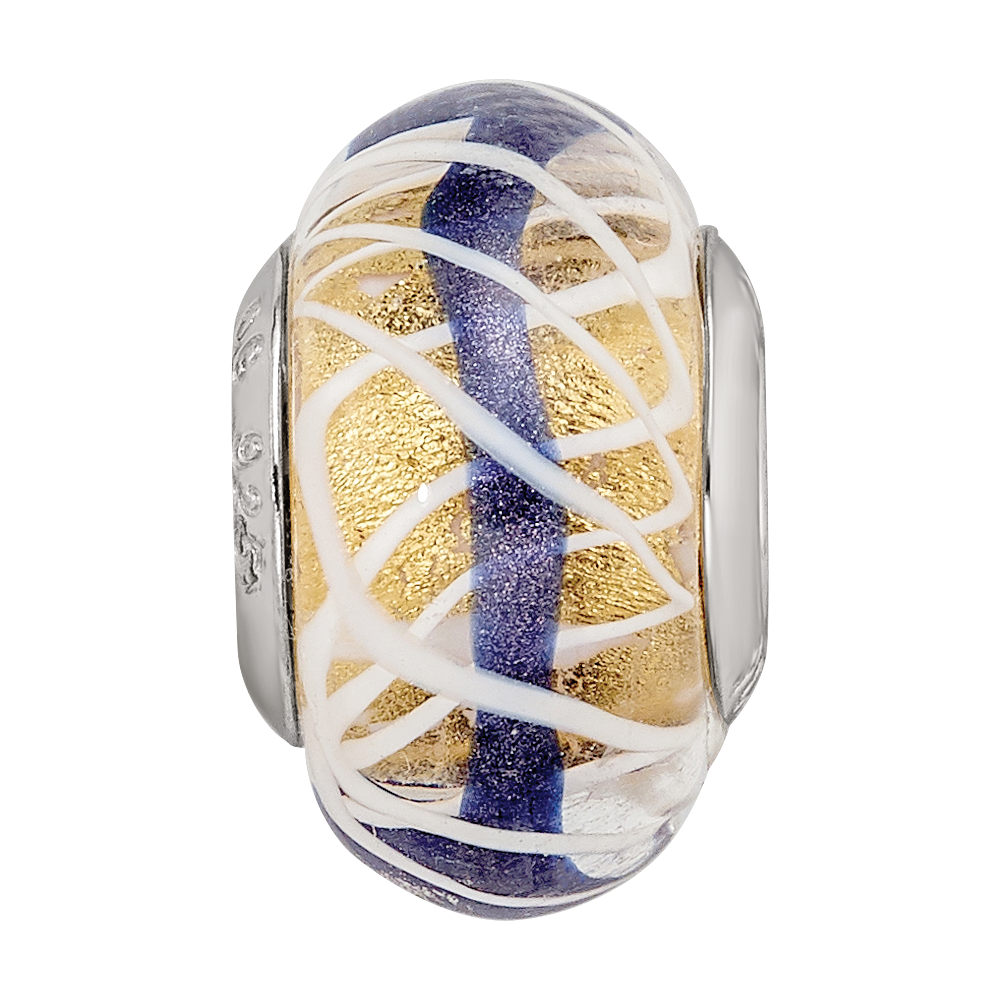 Sterling Silver Reflections White Weaved w/Blue Stripe Glass Bead