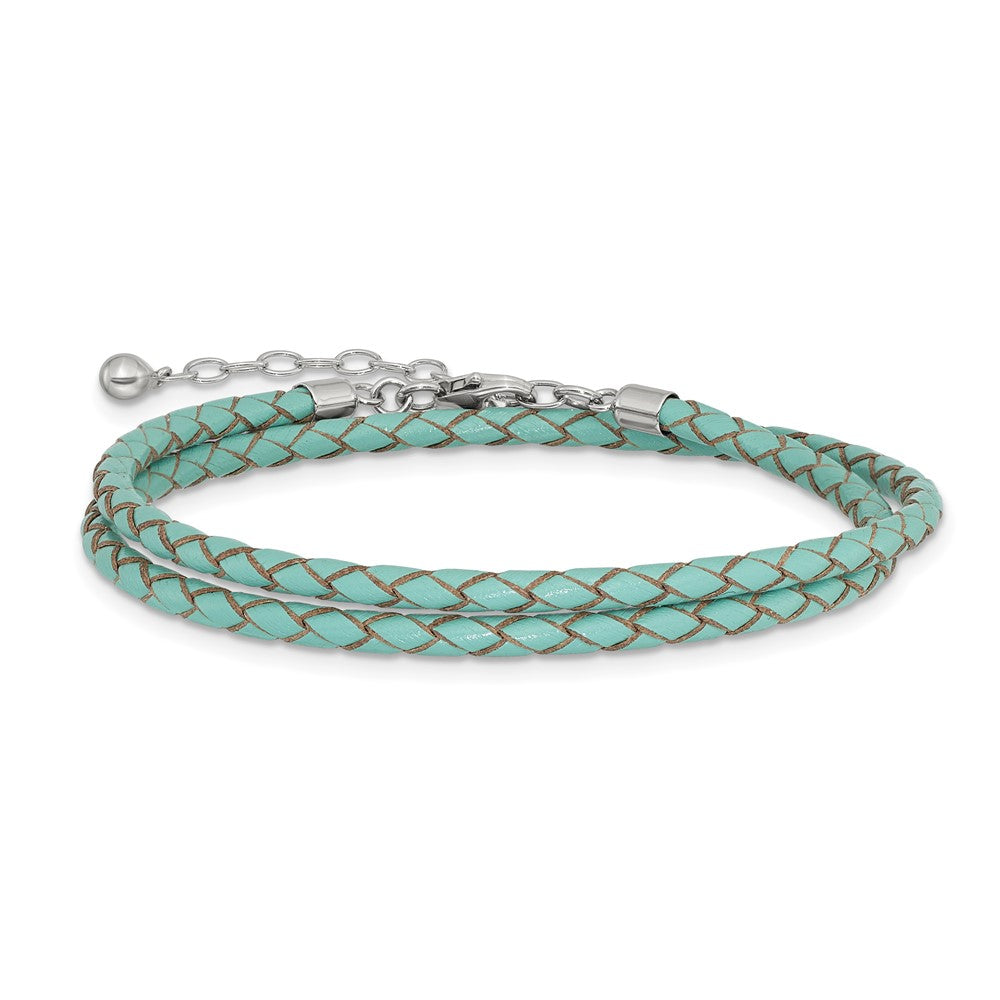Sterling Silver Reflections Teal Leather Rhodium-plated 14 inch with a 2 inch extention Choker/Wrap Bracelet