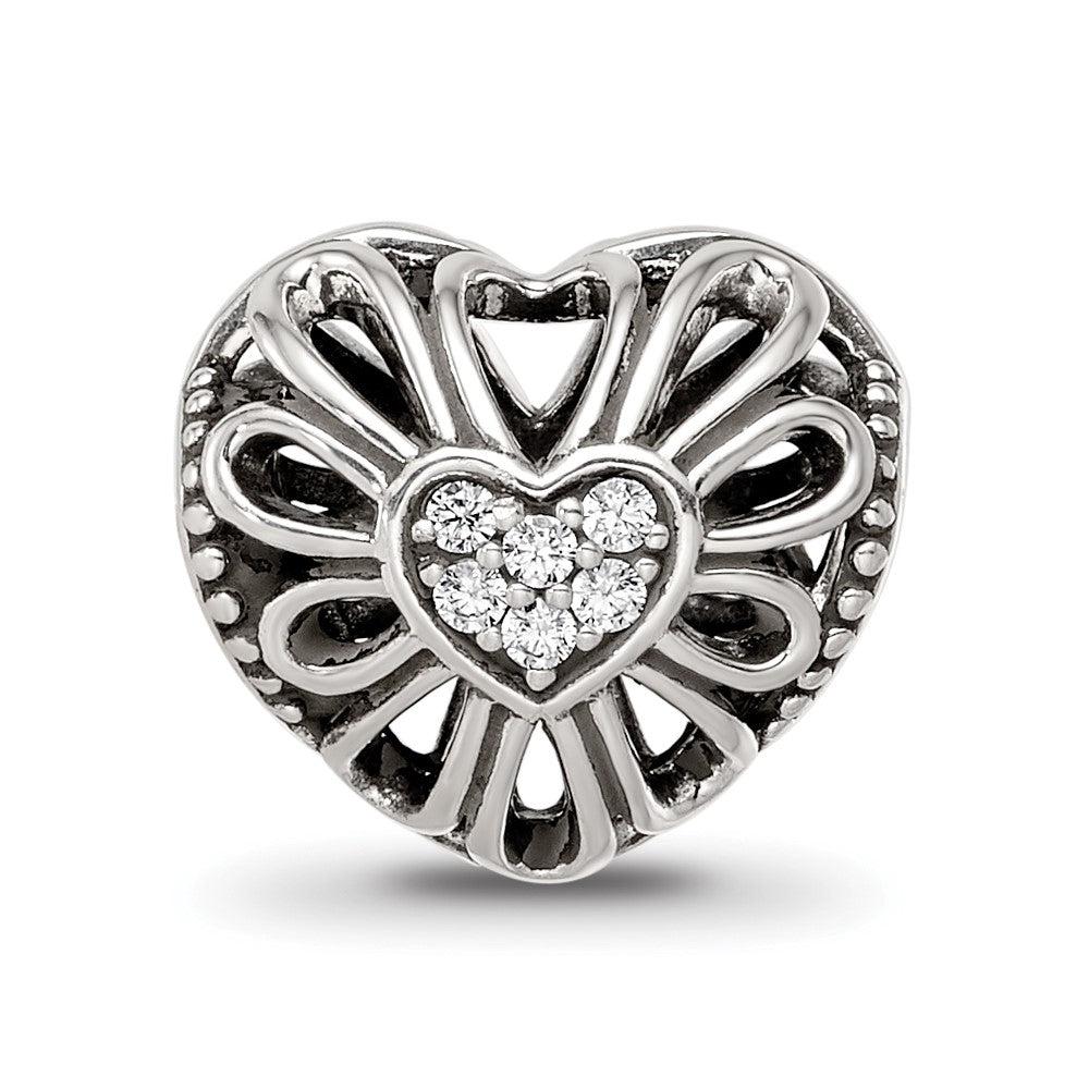 Sterling Silver Reflections Antiqued CZ Heart Bead