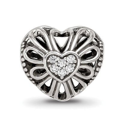 Sterling Silver Reflections Antiqued CZ Heart Bead
