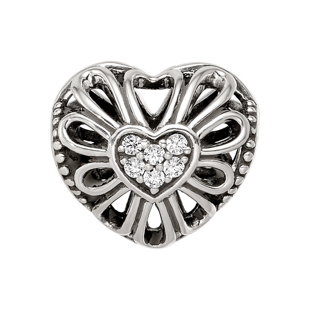 Sterling Silver Reflections Antiqued CZ Heart Bead