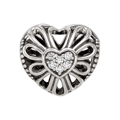 Sterling Silver Reflections Antiqued CZ Heart Bead