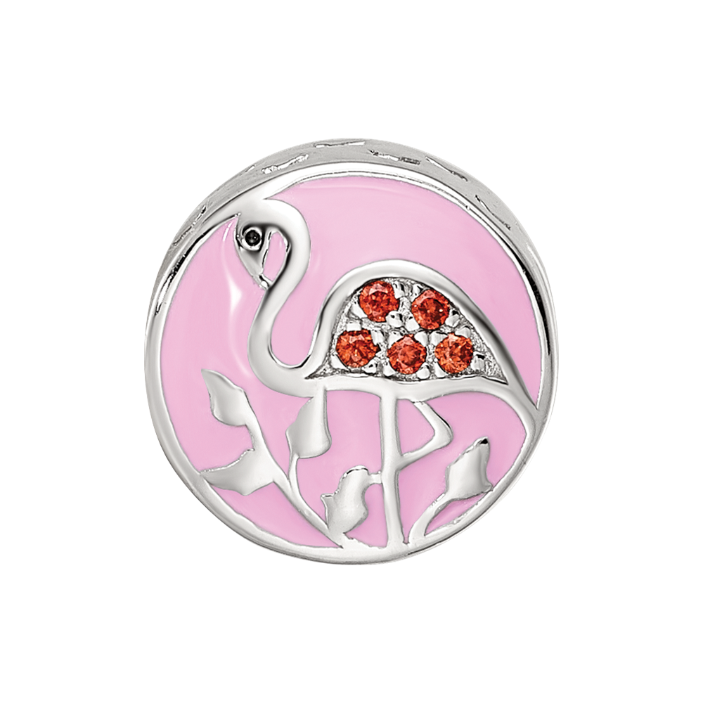 Sterling Silver Reflections Rhodium-plated Enamel CZ Flamingo Bead