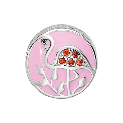 Sterling Silver Reflections Rhodium-plated Enamel CZ Flamingo Bead