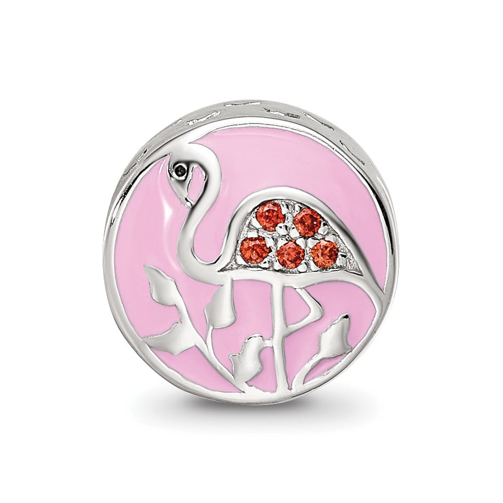 Sterling Silver Reflections Rhodium-plated Enamel CZ Flamingo Bead