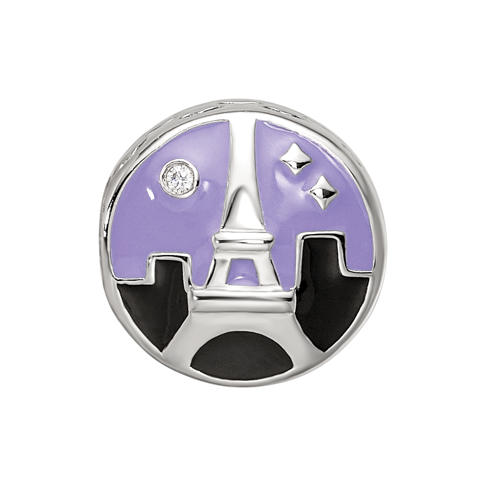 Sterling Silver Reflections Rhodium-plated CZ Eiffel Tower Scene Bead