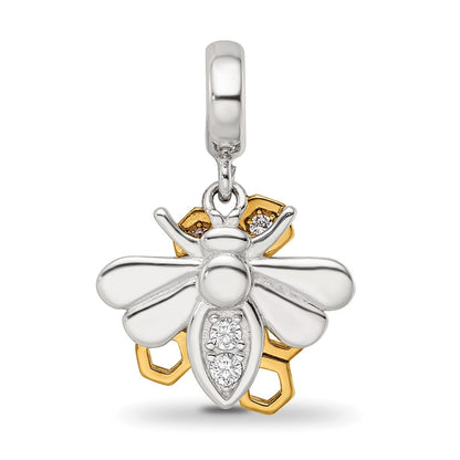 SS Reflections Rh-plated Goldplated CZ Honeycomb Bee 2-piece Dangle Bead