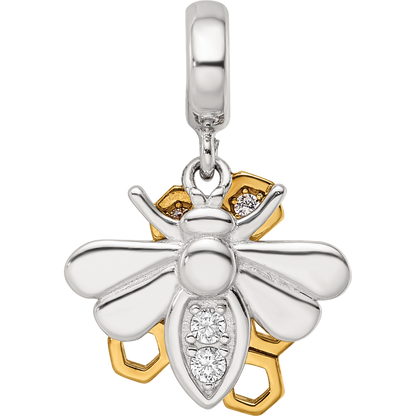 SS Reflections Rh-plated Goldplated CZ Honeycomb Bee 2-piece Dangle Bead