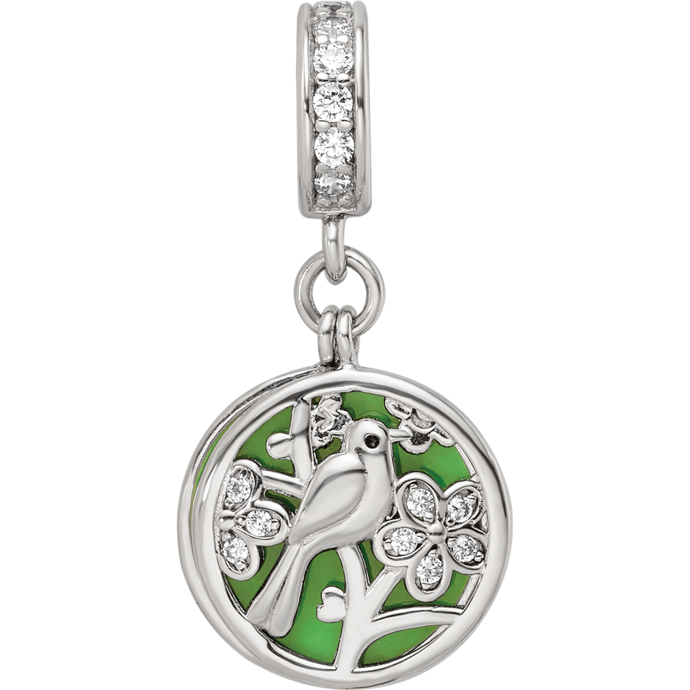 SS Reflections Rhod-plated CZ Enamel Bird/Flower 2-piece Dangle Bead