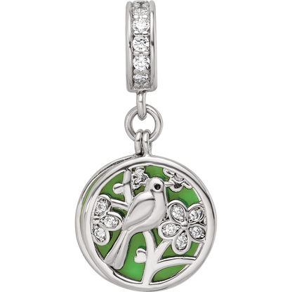 SS Reflections Rhod-plated CZ Enamel Bird/Flower 2-piece Dangle Bead