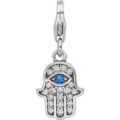 SS Reflections Rhod-plated CZ & Blue Spinel Hamsa/Chamseh Click-On Bead