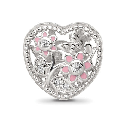 Sterling Silver Reflections Rhod-plated Enamel CZ Heart Shaped Bead