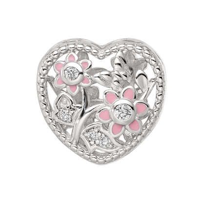 Sterling Silver Reflections Rhod-plated Enamel CZ Heart Shaped Bead